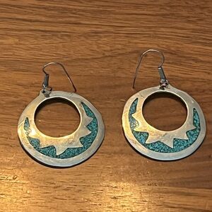 Sterling Silver Turquoise Inlay Earrings Alpaca Mexico Drop Dangle‎ Boho